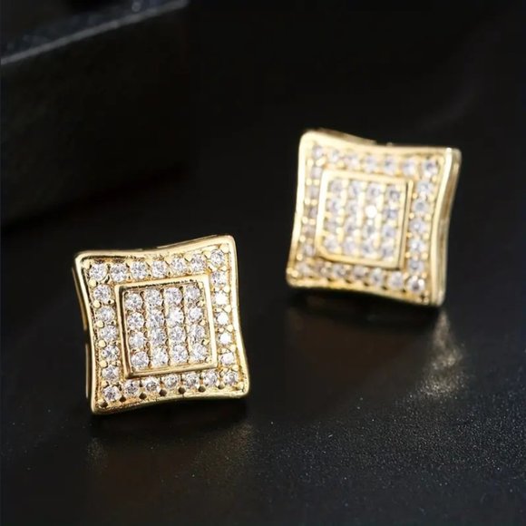 Mens 2ct Diamond 18K Gold Square Earrings Studs Silver Guys Jewelry 2 ct 18 K - Picture 4 of 7